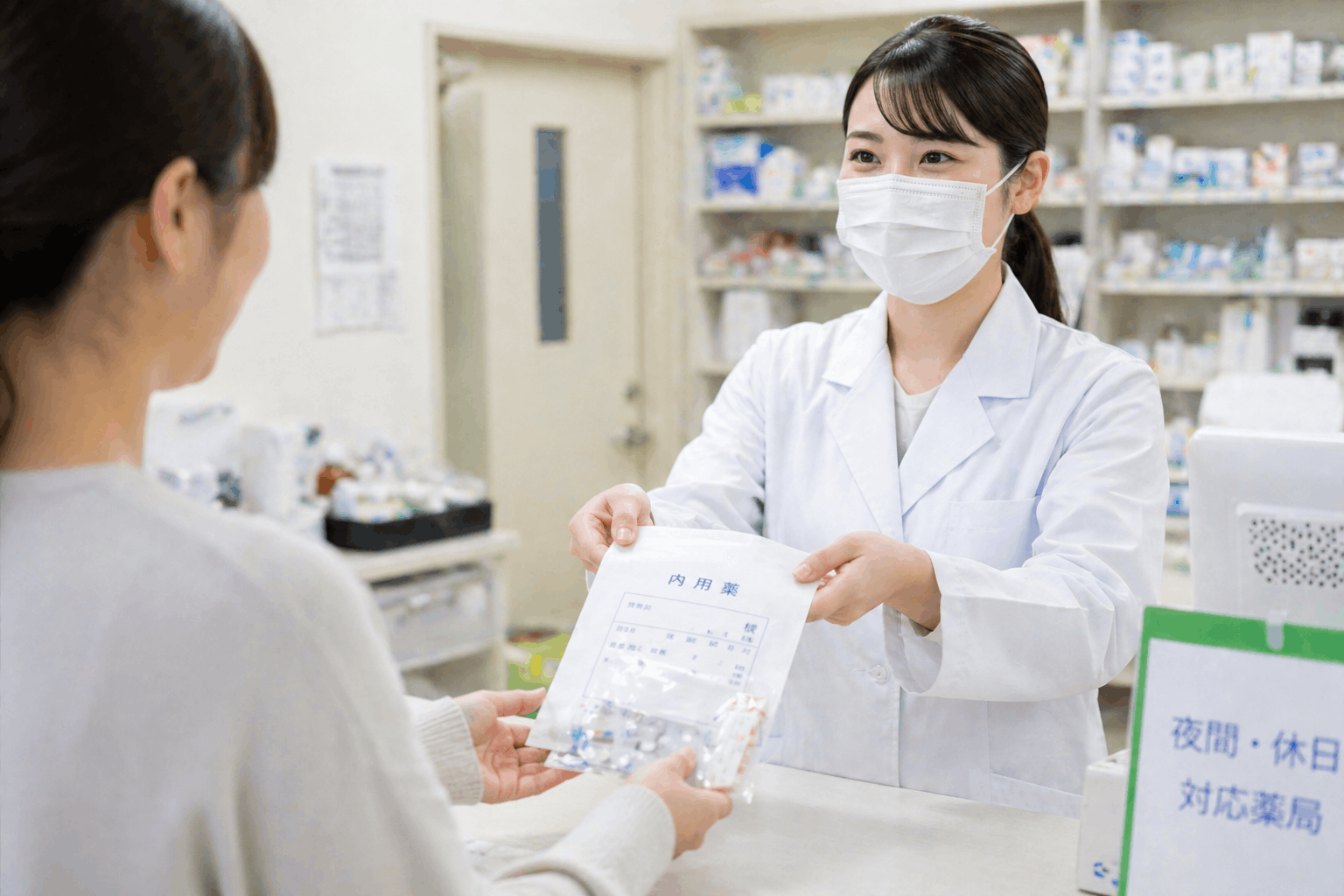 薬剤師が患者に薬を渡している様子